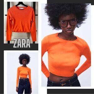 ZARA Ribbed knit cropped long sleeve orange top size L